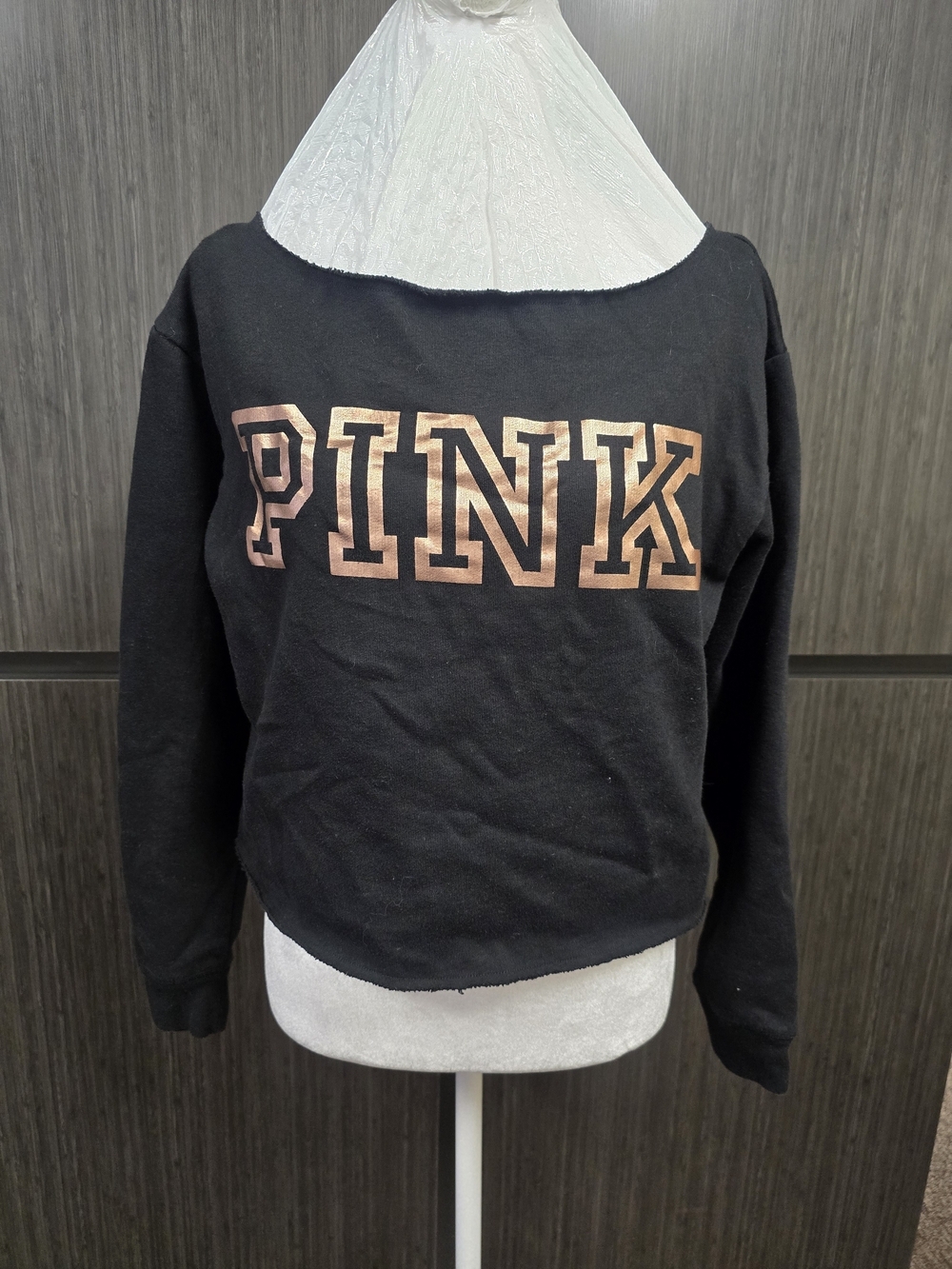 Victoria's Secret PINK Open Back Criss Cross Sweatshirt Black Rose Gold Logo XS